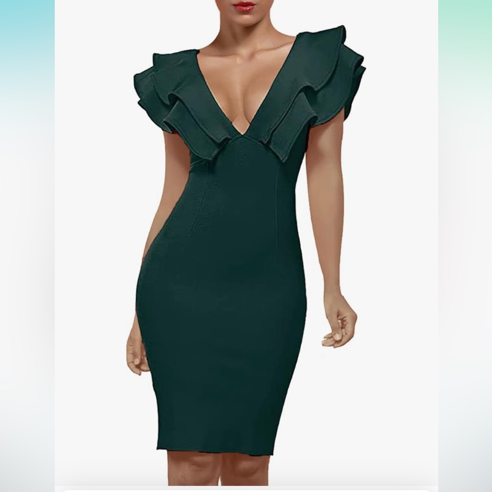 Amazon Ruffle Short Sleeve Plunge V Neck Bodycon Dress